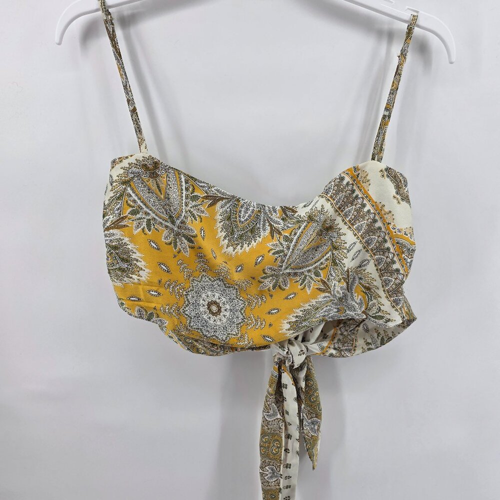 Princess Polly Yellow Floral Paisley Crop Top- Size 8- Tie Front Spaghetti Strap